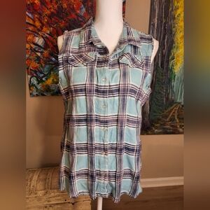White Crow Teal and Navy Plaid Sleeveless Shirt
